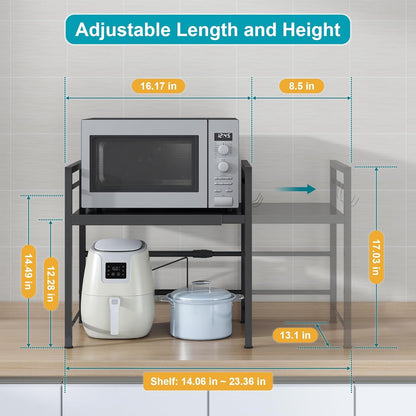 Microwave Oven Rack, Expandable Microwave Stand Countertop Kitchen Utensils Tableware Storage, Carbon Steel over Microwave Shelf Countertop with 3 Hooks3