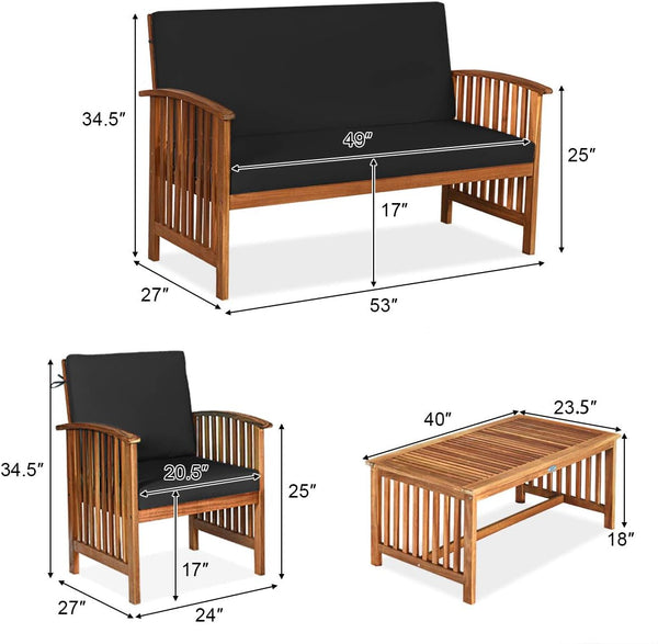 Outdoor 4 PCS Acacia Wood Sofa Set W/Water Resistant Cushions, Padded Patio Seating Chat Set W/Coffee Table for Garden, Backyard, Poolside (1, Black)5