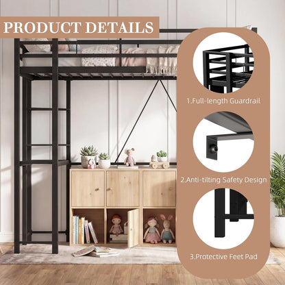 Full Size Loft Bed with Desk, 13" Guardrails, Noise-Free, Black6