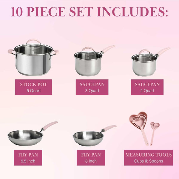 Stainless Steel Pots and Pans Set with Stay-Cool Pink Handles, Tempered Glass Lids, Bonus Heart Shaped Measuring Cups and Spoons, Dishwasher Safe Cookware, 10-Piece Set4