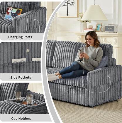 81" Sectional Sleeper Sofa Bed with Storage Chaise & USB Charging, Plush Corduroy L-Shaped Pull Out Couch Bed, Modular Sectional Sofa Couches for Living Room Bedroom, Light Grey4