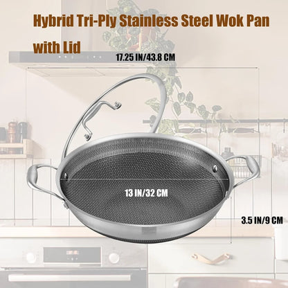 Hybird Nonstick Wok Pan with Lid | 13-Inch | Rivented Handle | Non Toxic | Tri-Ply Stainless Steel | Ceramic Coating | Stir Fry Pan | Induction Compatible | Dishwasher & Oven Safe7
