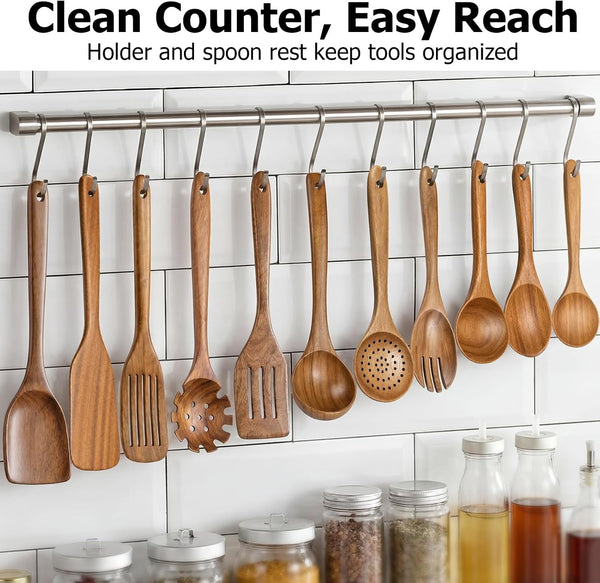 Wooden Spoons for Cooking, 11-Piece Acacia Wood Kitchen Utensil Set, Nonstick Safe Wooden Spatulas and Spoons, Heat Resistant Cooking Utensils for Everyday Meals (A11)8