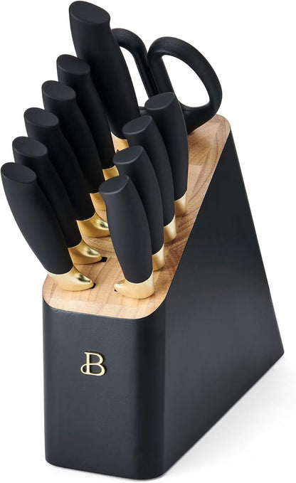 LUGBAR Beautiful 12-Piece Stainless Steel Knife Set with Block, Soft Grip Handles (Black Sesame)1