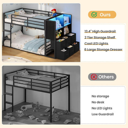 Low Twin over Twin Bunk Bed with 6 Storage Drawers, LED Lights8