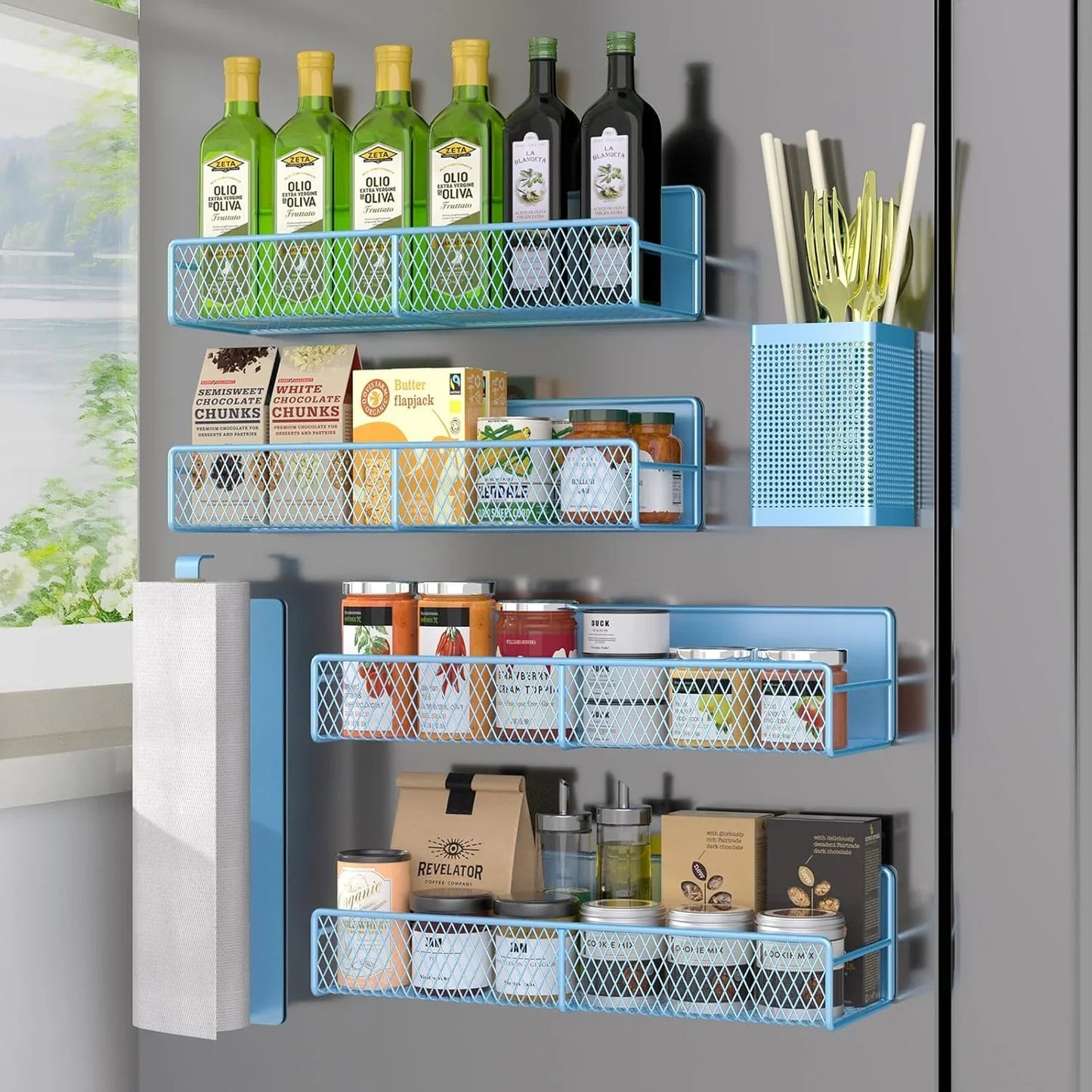 Magnetic Spice Rack Set (6 Pack) for Fridge + Towel Holder