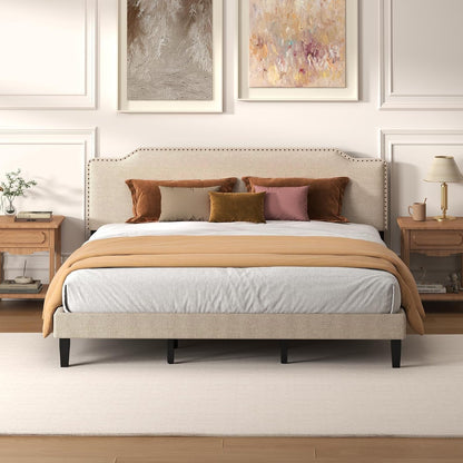 King Size Bed Frame with Upholstered Headboard, Wood Platform Bed with Soft Linen Adjustable Headboard | Elegant Studded Design | Wooden Slats | No Box Spring Needed, King Bed Frame Beige1