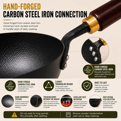 10” Carbon Steel Wok, Hand-Hammered Texture, Pre-Seasoned | Deep Sides Provide Room for Stir-Frying, Simmering, Braising, and Deep-Frying; Flat Bottom Stays Stable on All Cooktops.4