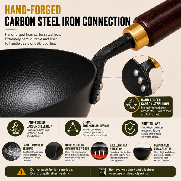 10” Carbon Steel Wok, Hand-Hammered Texture, Pre-Seasoned | Deep Sides Provide Room for Stir-Frying, Simmering, Braising, and Deep-Frying; Flat Bottom Stays Stable on All Cooktops.4