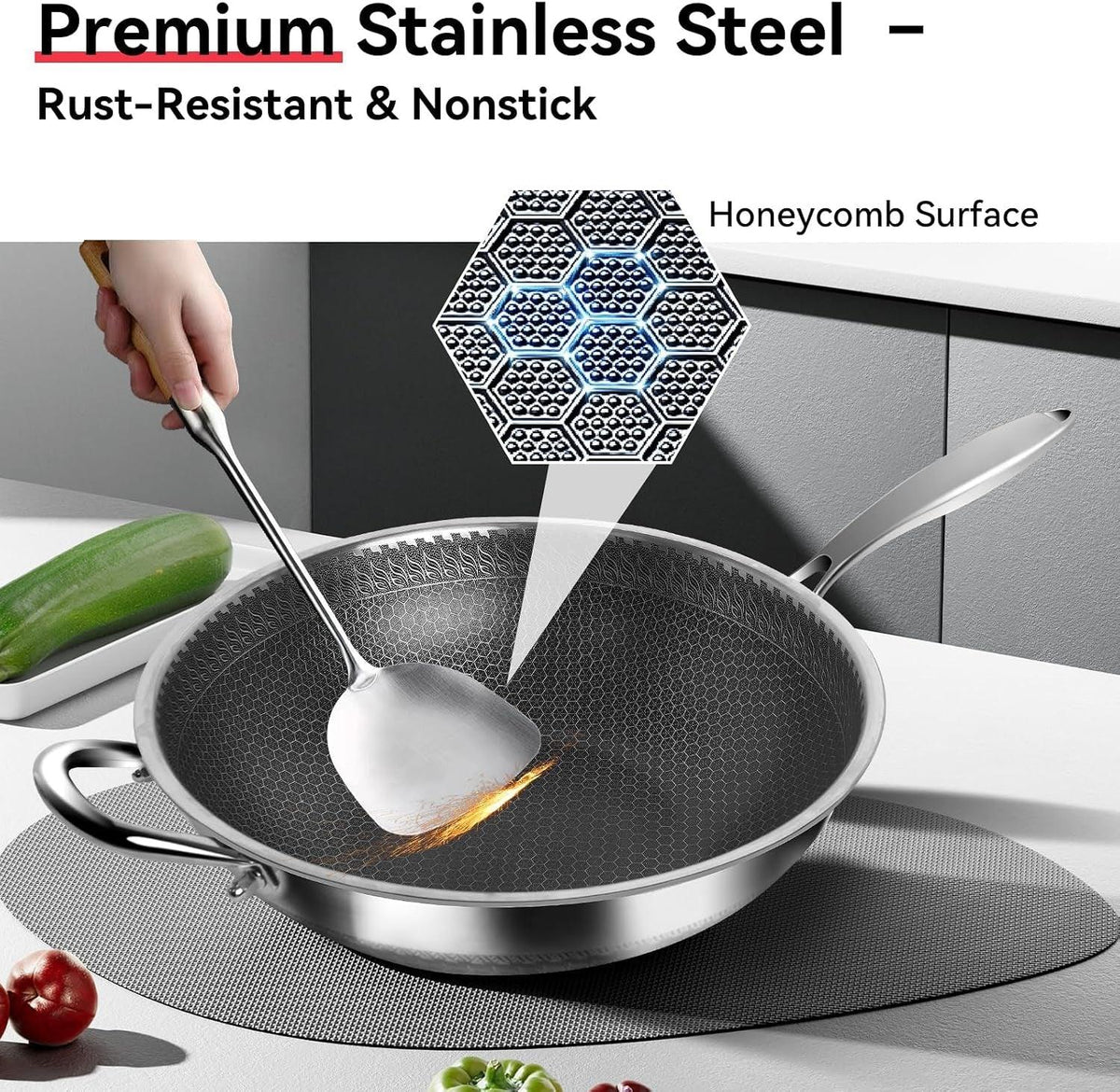 5-piece-stainless-steel-flatware-set-and-coating-free-hybrid-stainless-steel-wok-with-lid-12-6-flat-bottom-stir-fry-pan