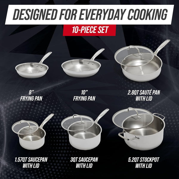 Pro Steel 10 Piece Tri-Ply Stainless Steel Cookware Set | Multi Clad Pots & Pans, Induction & All Stovetop Suitable, Mirror Polished Finish, Dishwasher Safe, Oven Safe to 850F, Silver4