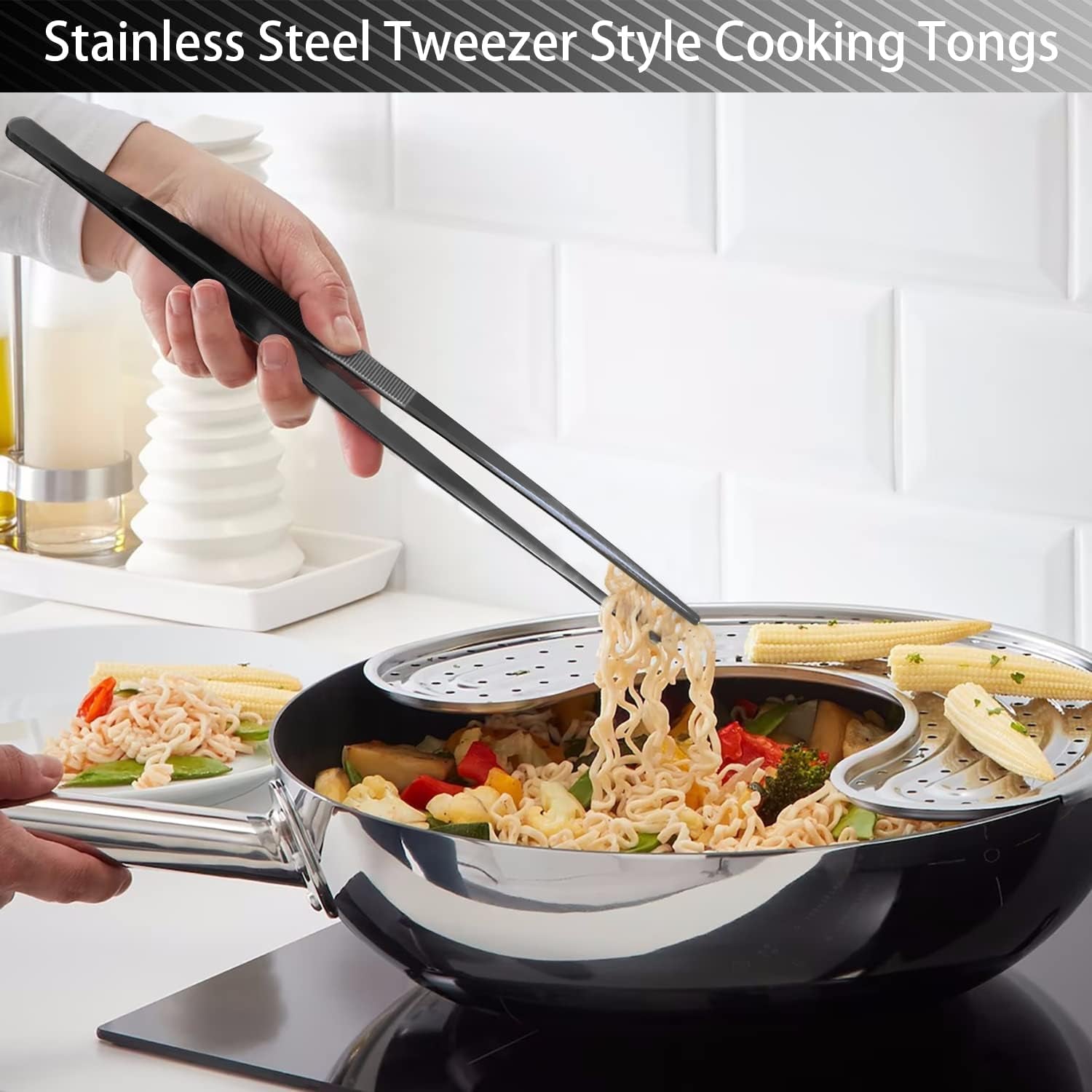 2-pcs-12-inch-kitchen-tweezers-tongs-with-precision-serrated-tips-stainless-steel-chef-tweezer-professional-cooking-tweezers-for-bbq-plating-and-serving-12-inch-black