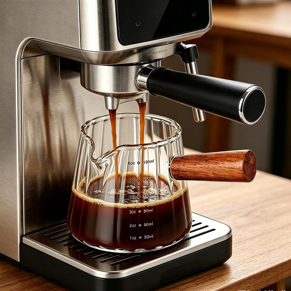 6 Oz Espresso Cups - Glass Measuring Cups with Spout - Ribbed Small Creamer Pitcher- Expresso Shots Cup with Wood Handle for Coffee Milk, Dishwasher Safe (Transparent, 1 Pack)6