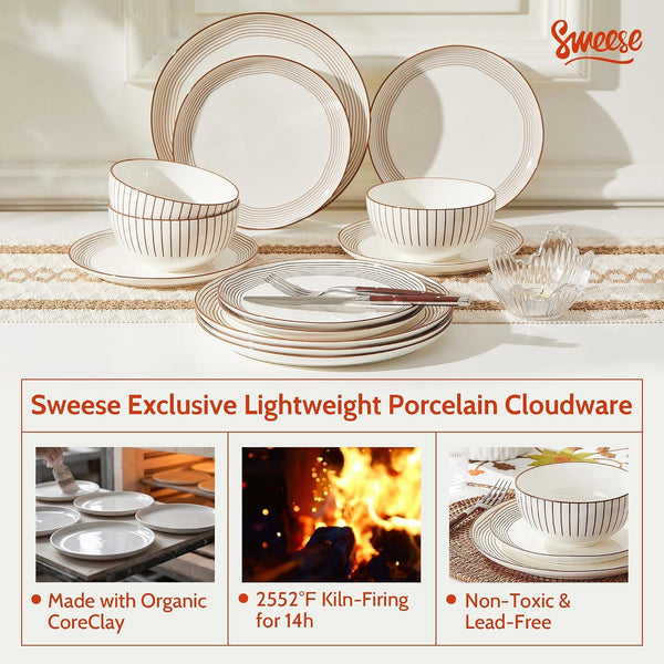 18Pcs Lightweight Porcelain Dinnerware Set for 6, Stripe Neutral5
