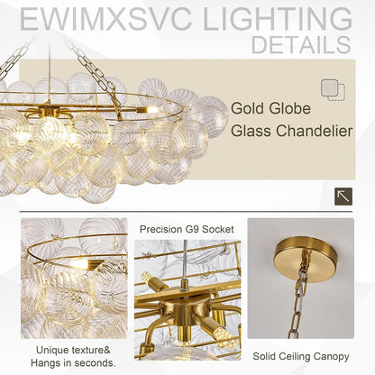 51" Large Gold Bubble Chandelier, 9-Light Modern Hand Blown Glass Chandelier Light Fixture, Rectangle Chandeliers for Dining Room Living Room Kitchen Island Foyer Entryway(Brush Brass Finish)3