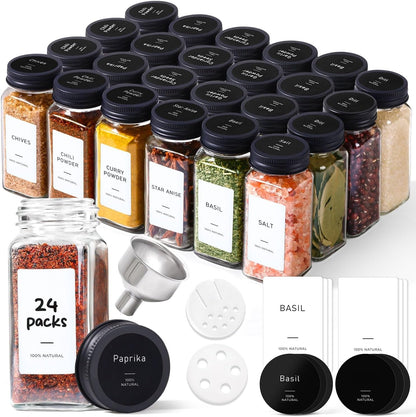 Glass Spice Jars with with Labels 4 Oz 24 Pack Small Square Bulk Set1