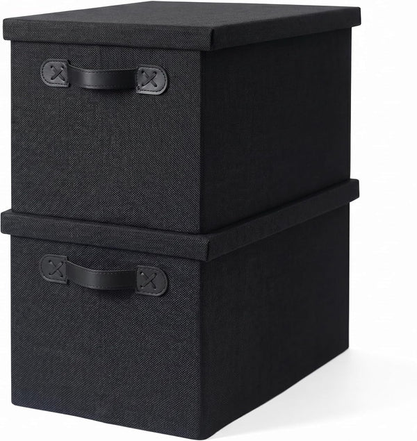 Fabric Storage Bins with Lids, Heavy Duty Collapsible Organizer Bins for Shelves, Stackable Closet Woven Baskets with Handles, 25L Rectangle Boxes for Bedroom Office, Cube Home Decor (Black 2 Pack)1