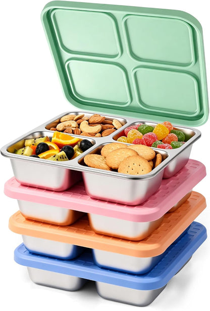 4 Pack Stainless Steel Snack Containers with Silicone Lids, Leakproof Bento Snack Boxes, Reusable 4 Compartment Metal Lunch Containers, Dishwasher Safe Food Storage for Meal Prep, Work & Travel1