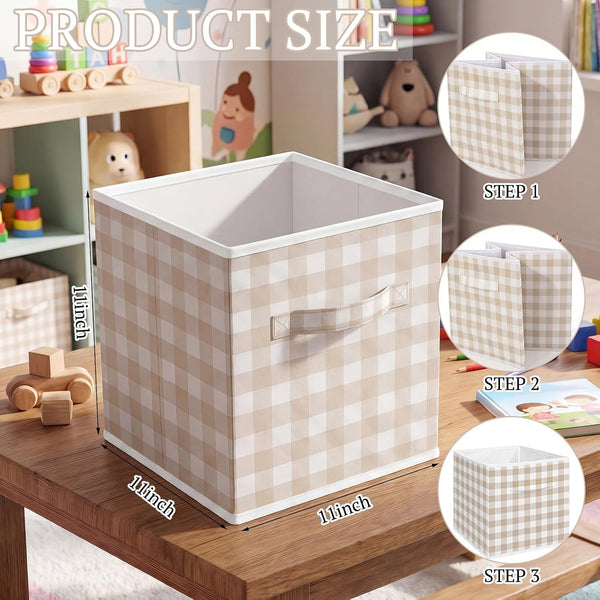 6 Pcs Beige Gingham Cube Storage Bins, 11 Inch Fabric Checkered Classroom Storage Bins Organizer with Handle Preppy Collapsible Cubby Basket for Classroom Home Nursery Playroom Bedroom2