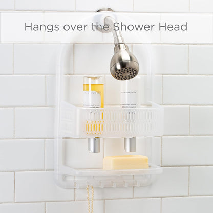 Molded Shower Caddy | Bathroom Storage | Hangs over Shower Head | 6 Accessory Hooks | Holds Razors | Washcloths | Accessories | Suction Cup Stability | White2