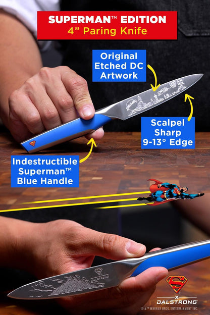 Chef Knife Set 2-Piece — DC Superman™ Licensed Edition — 8" Chef & 4" Paring — Official License — German Stainless — for DC Fans & Daily Cooking — POM Handle, Customer Support9