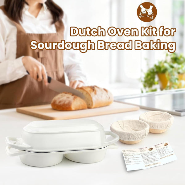 Mini Double Dutch Oven with Lid for Sourdough Bread Baking (White) | Enameled Cast Iron Pot with Lid, 5" Banneton Bread Proofing Basket Include, Dual round Bread Loaf Pan for Homemade Baking7