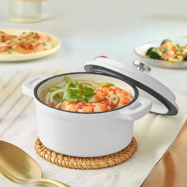 Mini Cocotte 16 Oz Mini Dutch Oven 0.5 Qt. Cast Iron Garlic Roaster for Oven Garlic Confit Pot Ramekins with Lids Oven Safe Set of 2, White9