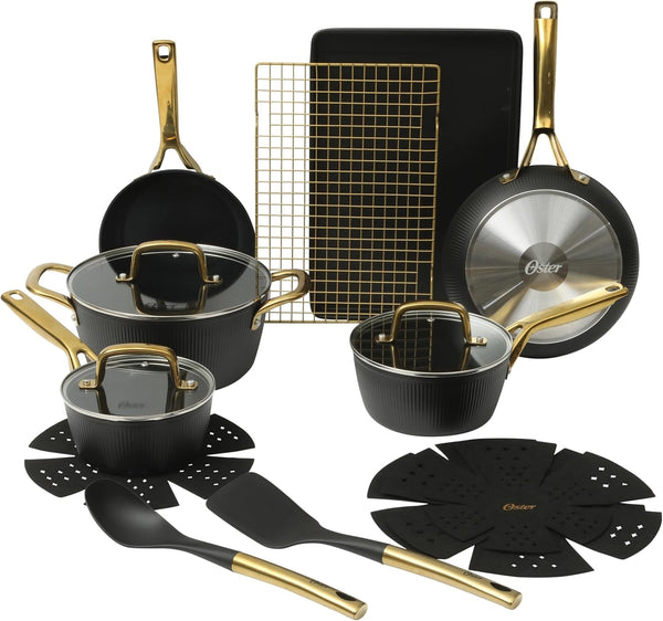 Oster Platinum Abbottsford 16 Piece Aluminum Pots and Pans PFA Free Ceramic Non Stick Induction Kitchen Cookware Set - Black W/Gold1