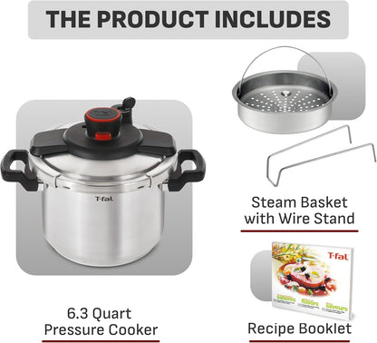 Clipso Stainless Steel Pressure Cooker, 6.3 Quart, Recipe Book, Steam Basket, Easy-Open Lid, Secure Locking System, Adjustable Pressure Valve, Induction Cookware, Pots and Pans, Kitchen, Silver2