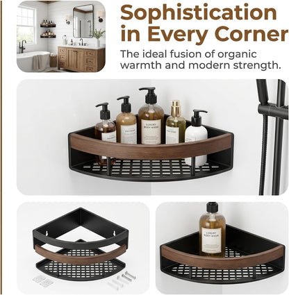 2-Pack Corner Shower Caddy with Walnut Wooden Shelf, Wall Mounted Bathroom Organizer, Matte Black Aluminum Alloy Storage Rack for Toilet, Dorm and Kitchen5