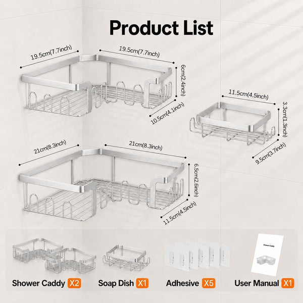 Corner Shower Caddy 3 Pack, Wall Mounted Adhesive Shower Caddy with Soap Holder and 24 Hooks, No Drill Rustproof Stainless Steel Shower Shelf for inside Shower, Silver2