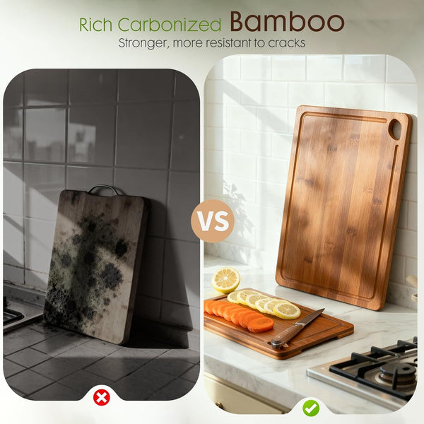 Deep-Carbonized Bamboo Cutting Boards for Kitchen with Wood Storage Stand, Reversible Charcuterie & Chopping Boards with Juice Grooves and Easy-Grip Handles, Fathers Day Gift for Men9