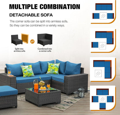 6 Pieces Patio Furniture Set All-Weather Outdoor Wicker Sectional Conversation Sofa Rattan Patio Seating Sofa with Cushion and Glass Table for Porch Poolside,Peacock Blue7
