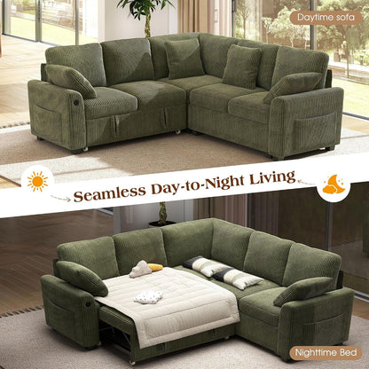 83-Inch 5-Seater Large Sectional Sofa Bed with Storage, Corduroy Reversible Modular Sleeper Sofa with USB Port & 4 Pillows, Convertible L-Shaped Couch for Living Room（Green）3