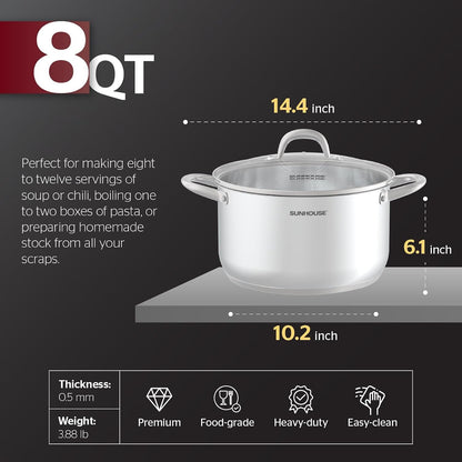 : Stainless Steel Stock Pot - 8 Quart - Tempered Glass Lid, 3-Ply Bottom, Soup-Pasta-Food, Boil-Simmer, All Cooktops, Dishwasher & Oven Safe | 8QT Pots for Pasta, Soup - Stockpot for Canning with Impact Bonded Base - Oven Safe & Induction Compatible6