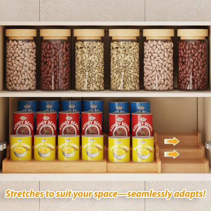Expandable Bamboo Can Rack Organizer for Pantry, 3-Tier Adjustable Can Storage Holder, Soda Organizer Holds up to 24 Cans, Canned Goods Storage Display for Pantry, Cabinet, Countertop (Patent Pending)3
