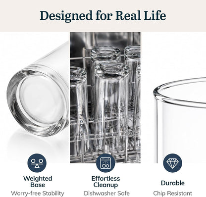 Heavy Base Drinking Glasses Set of 8, Weighted Clear Water Cups | 15.5 Oz Capacity for Water, Juice, Soda, Cocktails, and More with Weighted Base and Dishwasher-Safe Cleanup3