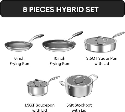 Hybrid Stainless Steel Cookware Set, 8Pcs Pots and Pans Set | Hybrid, Non Stick, Non Toxic, PFOA Free, Induction Compatible, Oven and Dishwasher Safe, Stay-Cool Handles5