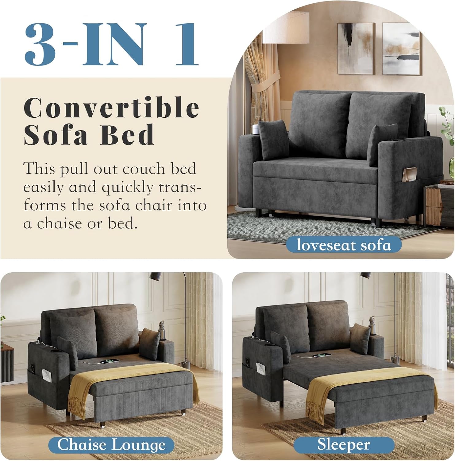 3-in-1-pull-out-couch-56-inch-convertible-sleeper-sofa-bed-loveseat-sofa-couch-with-cup-holders-usb-side-pocket-modern-loveseat-for-living-room-bedroom-includes-toss-pillows-gray