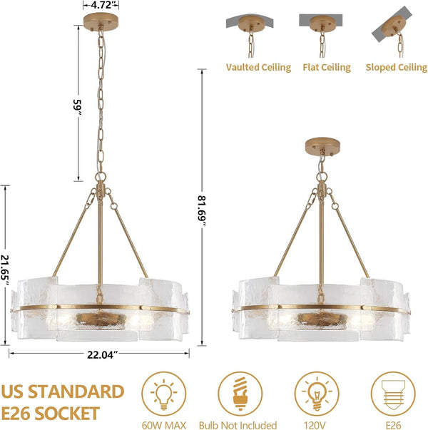Modern Dining Room Chandelier 22” Gold Textured Glass Drum Chandelier7