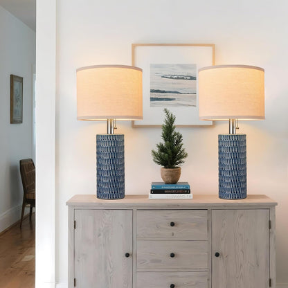 20.5" Modern Ceramic Table Lamps for Bedroom Set of 2, Bedside Lamps for Night Stands with Beige Lampshade, Farmhouse Table Lamp for Living Room Office Dorm, Blue3