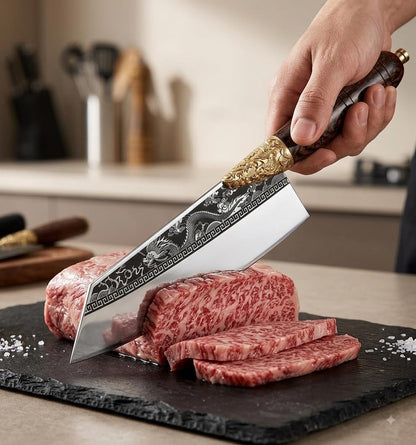 Dragon Engraved Chef Knife – Unique Gift for Men, Chefs & Collectors | 8.5" Razor-Sharp Japanese-Style Kitchen Knife, Mirror-Polished Stainless Steel Blade, Rosewood Handle & Premium Gift Box3