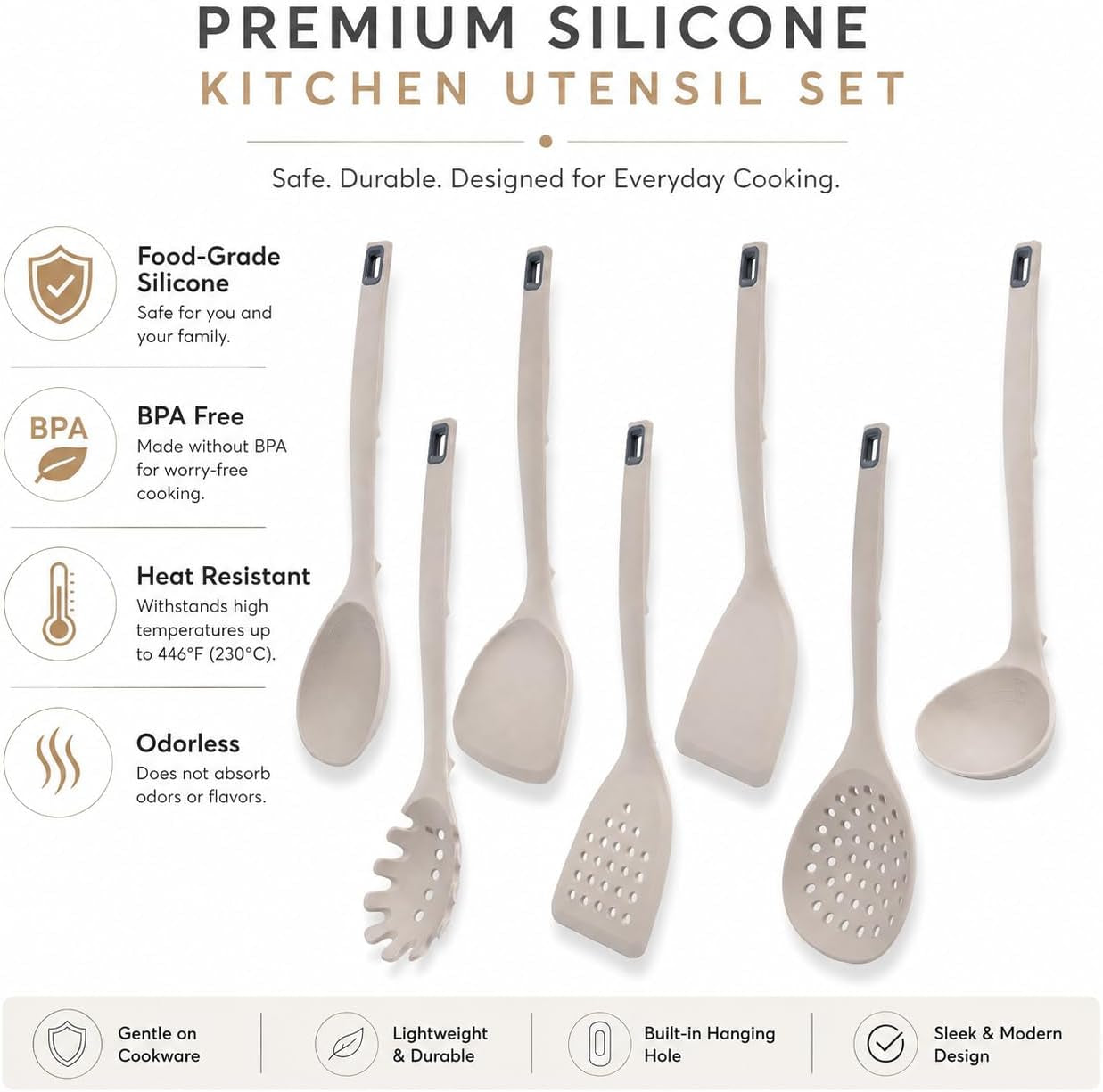 7-piece-khaki-silicone-cooking-utensils-set-food-grade-bpa-free-446-f-heat-resistant-one-piece-silicone-ladle-spatula-and-slotted-spoon-hand-wash-only
