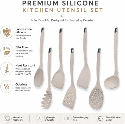 7-Piece Khaki Silicone Cooking Utensils Set - Food Grade Bpa-Free, 446°F Heat Resistant, One-Piece Silicone Ladle, Spatula and Slotted Spoon, Hand Wash Only4