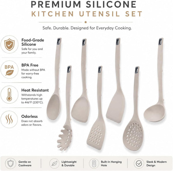 7-Piece Khaki Silicone Cooking Utensils Set - Food Grade Bpa-Free, 446°F Heat Resistant, One-Piece Silicone Ladle, Spatula and Slotted Spoon, Hand Wash Only4