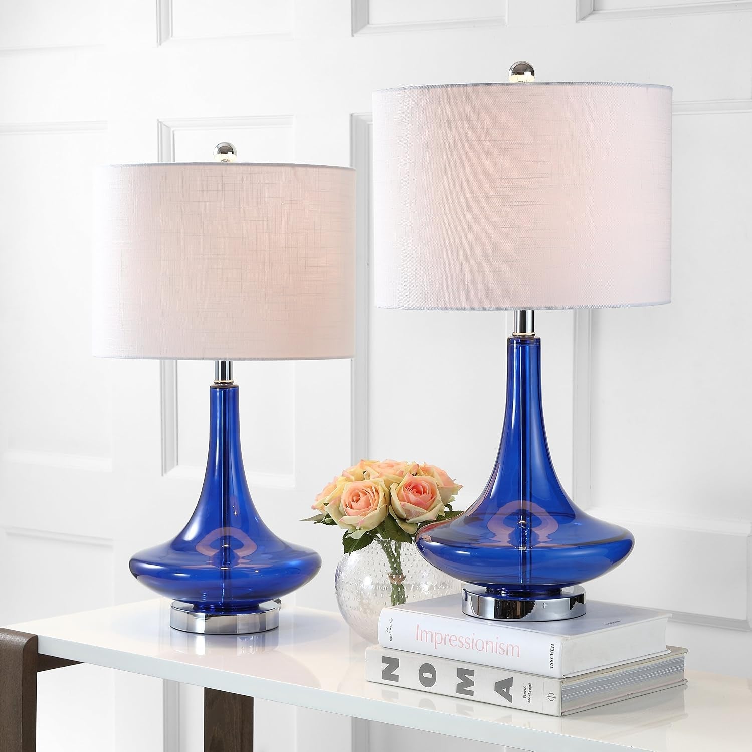 cecile-25-5-metal-glass-lamp-cobalt-blue-chrome-set-of-2-white-linen-drum-shade-teardrop-base-60-silk-wrapped-cord-led-bulbs-included