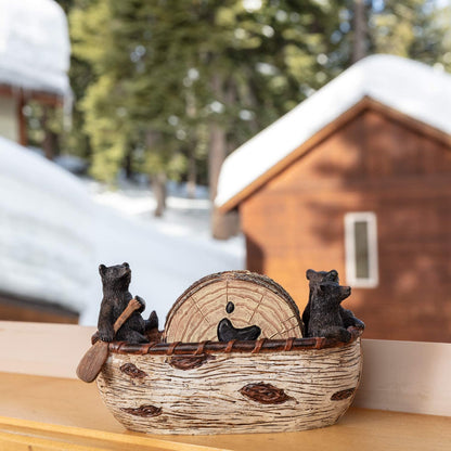 Bear Coasters - Set of 6 Full Size Rustic Coasters in Handmade Canoe with Adorable Black Bear Figurines - Log Cabin Decorations, Rustic Lodge Decor for the Home4