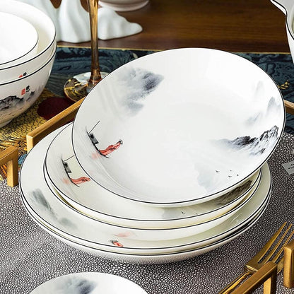 60-Piece Dinnerware Set,Exquisite Porcelain Tableware,Antiquity Chinese Style Porcelain Set,Ink Painting Design Dinner Dishes Set,Plates/Bowls/Spoons and Soup Pot,Service for 126