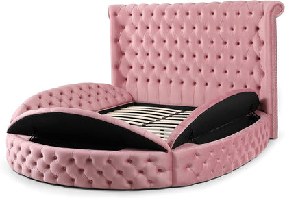 Elizabeth Velvet round Storage Queen/King Bed (Pink, King)2