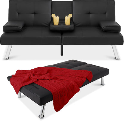 Faux Leather Upholstered Modern Convertible Futon, Adjustable Folding Sofa Bed, Guest Bed W/Removable Armrests - Black1